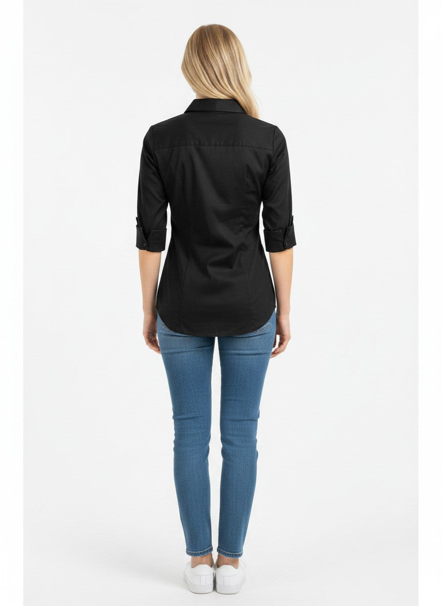 HOTOUCH Black Shirts for Women UK 3/4 Sleeve Top Plain Fitted Blouse Ladies Blouses Cotton Office Shirt Short Sleeve Tops Black M