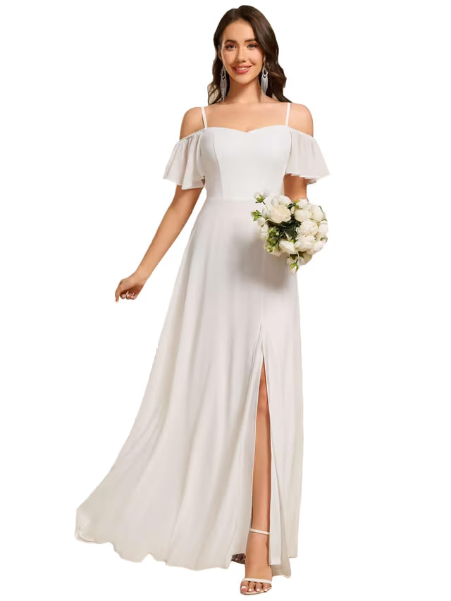 Ever-Pretty Women's Off-Shoulder Chiffon Bridesmaid Dress Empire Waist Side Slit - White UK14
