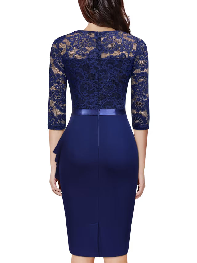 Women's Lace V-Neck 3/4 Sleeve Bodycon Cocktail Dress – Navy Blue M