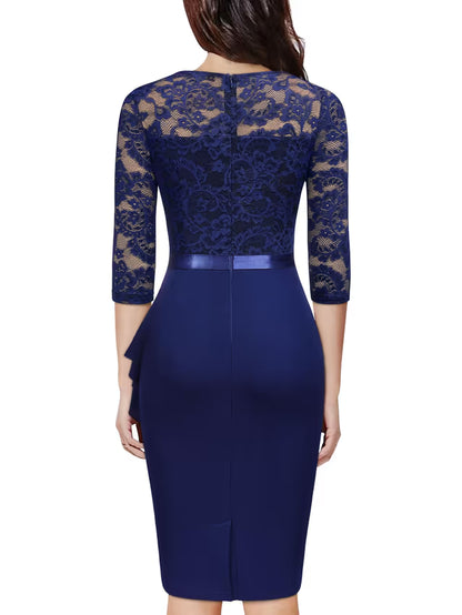 Women's Lace V-Neck 3/4 Sleeve Bodycon Cocktail Dress – Navy Blue M