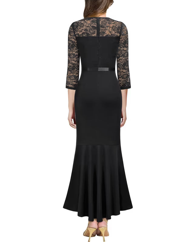 Missmay Bridesmaid Long Dress Women's Size Small Black 3/4 Sleeve Lace Ruffle