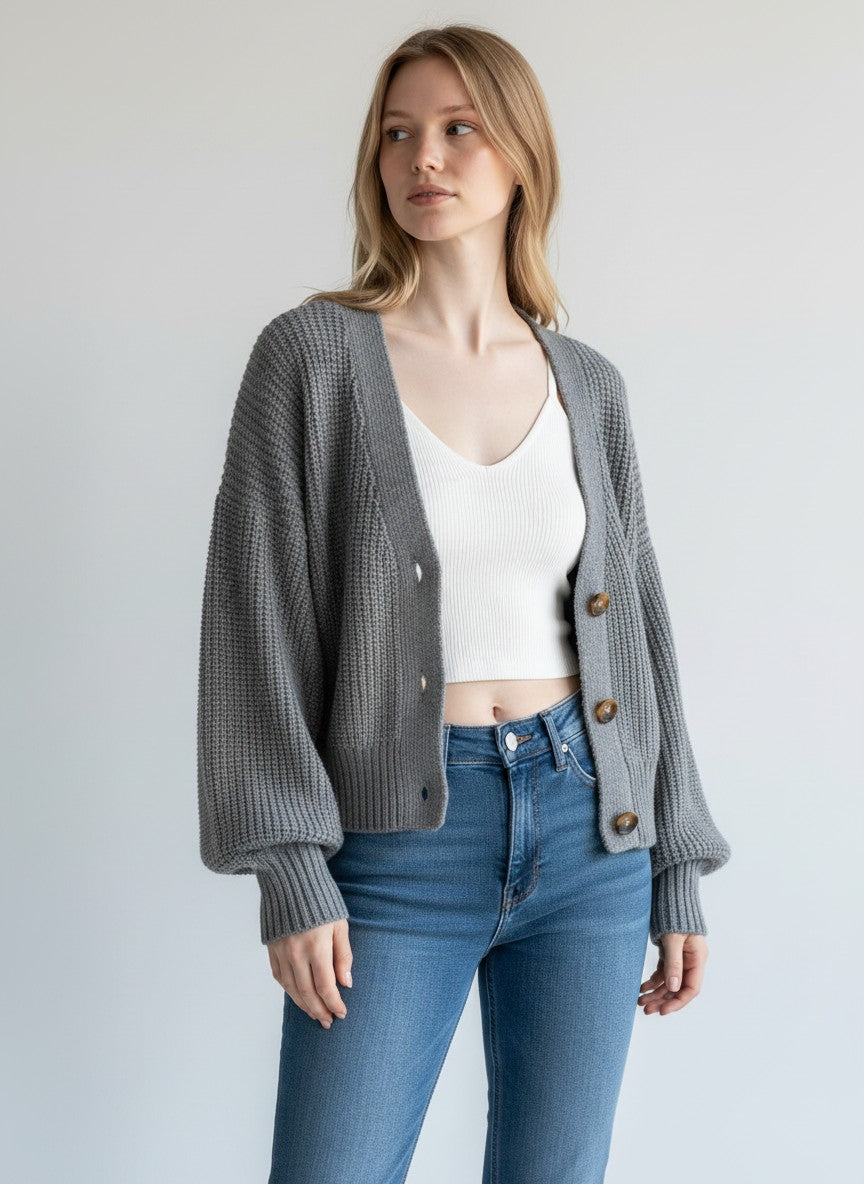 Women's Open Front Knit Cardigan Lightweight Button-Down – Dark Grey XL
