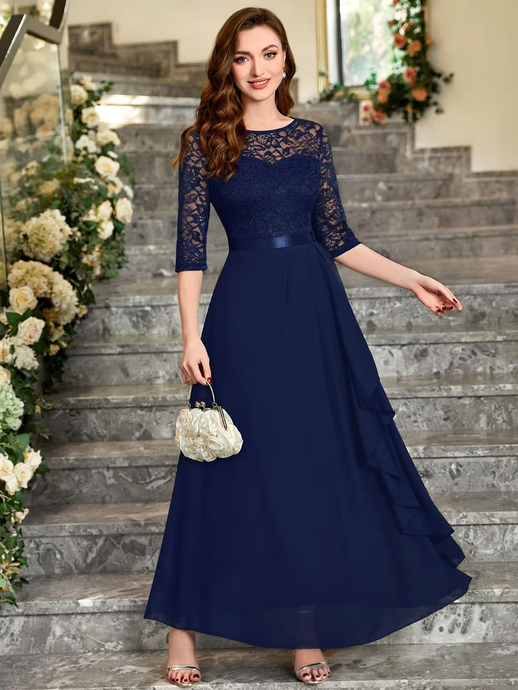 MIUSOL Floral Lace Maxi Dress Women's Size XXL Navy Blue Half Sleeves Vintage