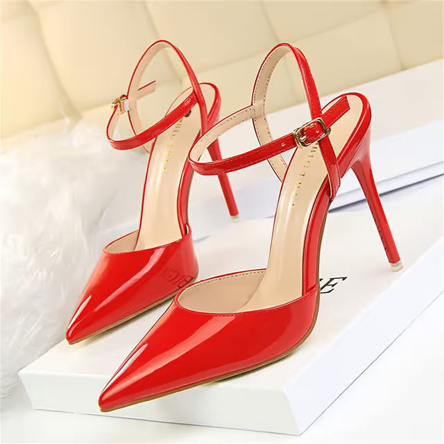 Women's Pointed High Heel Patent Leather Ankle Strap Stiletto Pumps 10.5cm – Red