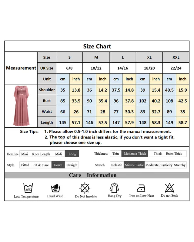 Women’s Sequin Insert Lace Chiffon Evening Maxi Dress Deep V Flare Sleeve – Black XXL