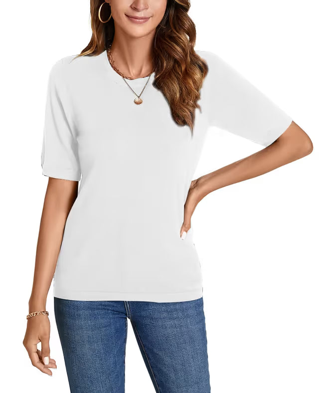 Women’s Summer Knit Sweater Short Sleeve Crew Neck Pullover – White