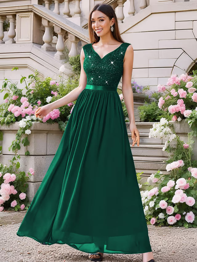 Women's Double V Neck Sequin Lace Chiffon Evening Maxi Dress – Dark Green L