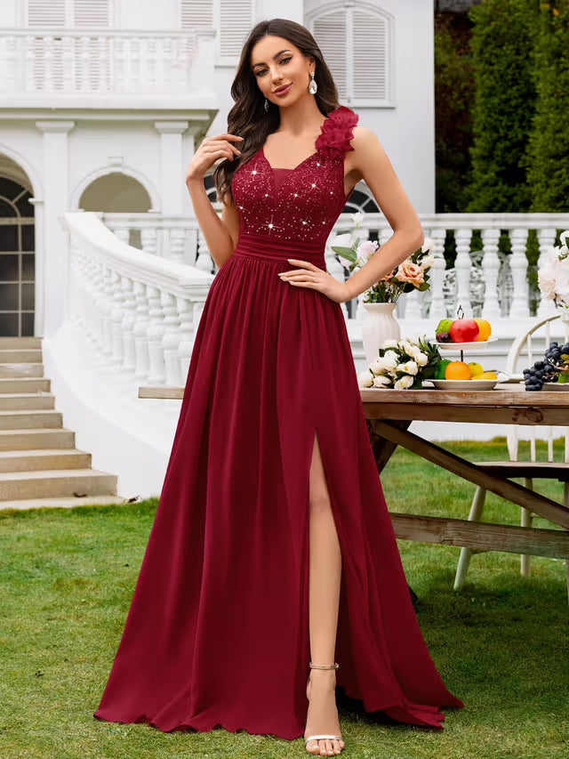 Womens Vintage V-Neck Sequined Maxi Dress – Red L