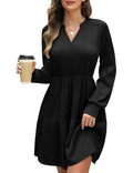 Women's V-Neck Jumper Dress Long Sleeve Elastic Waist Midi with Pockets – Black
