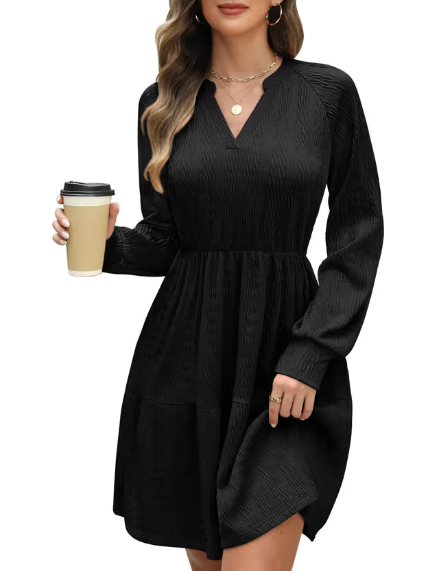 Women's V-Neck Jumper Dress Long Sleeve Elastic Waist Midi with Pockets – Black