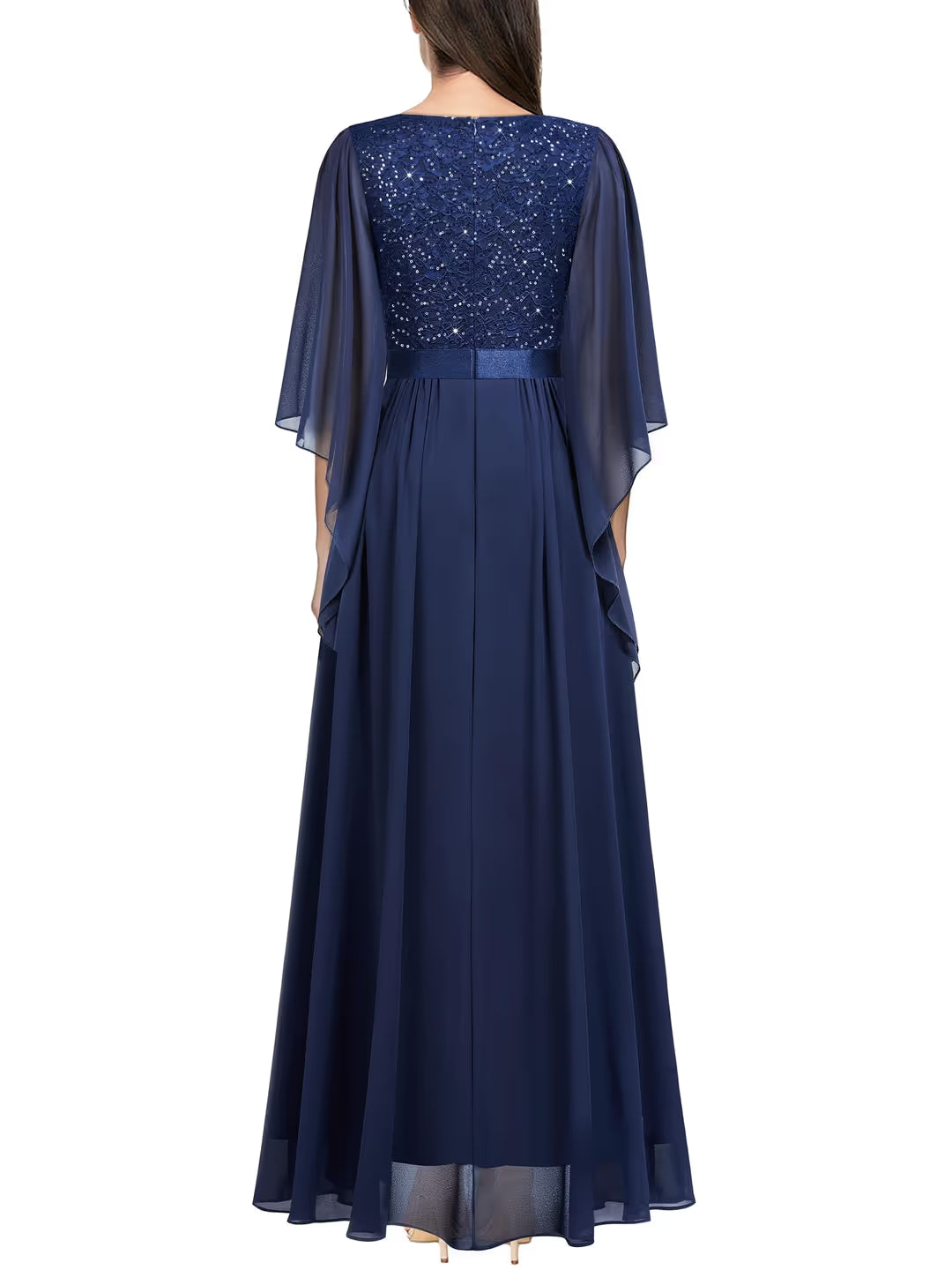 MIUSOL Lace Sequin Evening Dress Women's Small Navy Blue Flare Sleeves Zip Up