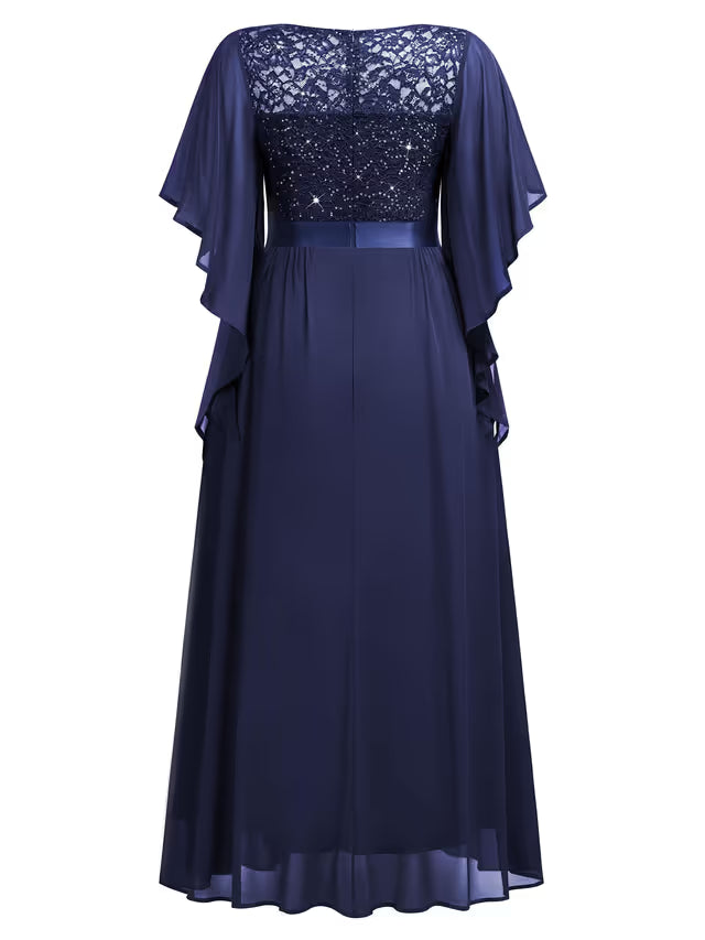 Plus Size Chiffon Sequin Lace Evening Long Dress Butterfly Sleeve – Navy 3XL