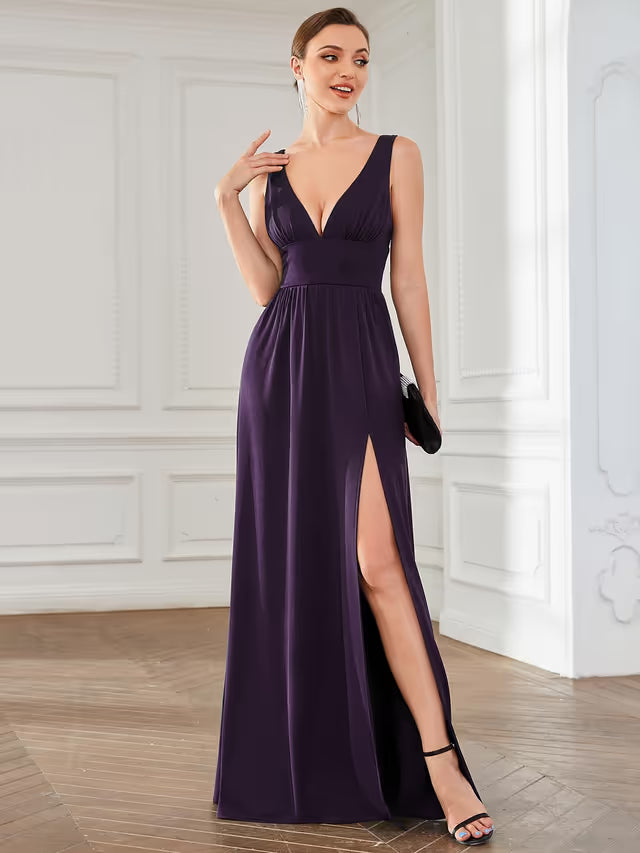 Sleeveless V-neck Stretch Floor-Length Evening Dress Side Split – Dark Purple UK20
