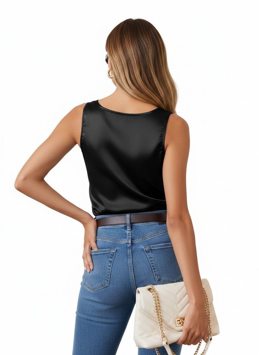 Women's Satin Scoop Neck Cami Sleeveless Loose Fit Tank Top – Black M