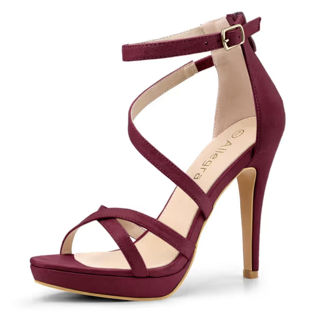 Women's Stiletto Ankle Strap Platform Sandals Zipper – Burgundy UK4 (US6)