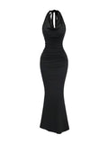 Bodycon Fish Tail Dress Women's Size Medium Black Draped Halter Neck Ruched