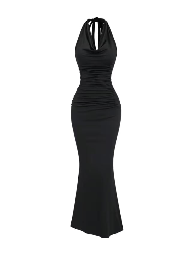 Bodycon Fish Tail Dress Women's Size Medium Black Draped Halter Neck Ruched