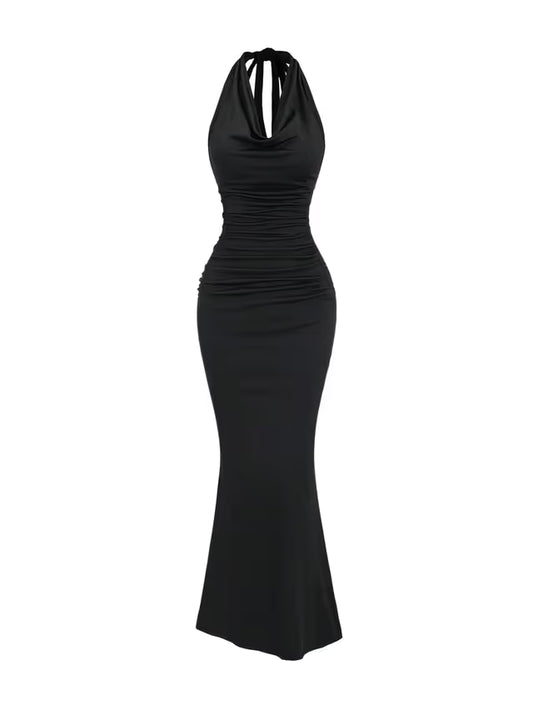 Bodycon Fish Tail Dress Women's Size Medium Black Draped Halter Neck Ruched