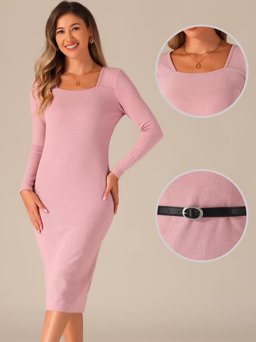 Allegra K Midi Sweater Dress Women Size XL Pink Square Neck Long Sleeves Bodycon