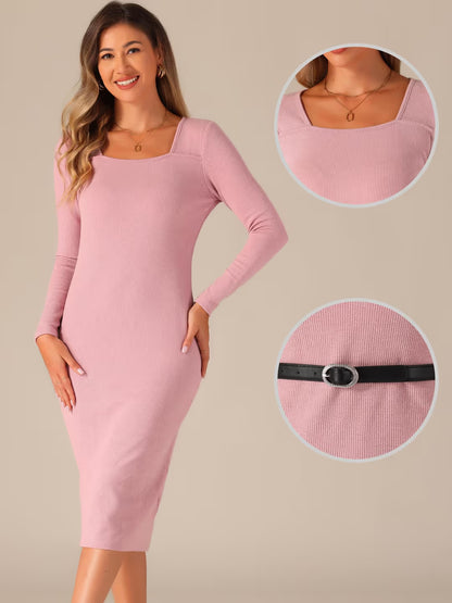 Allegra K Midi Sweater Dress Women Size XL Pink Square Neck Long Sleeves Bodycon