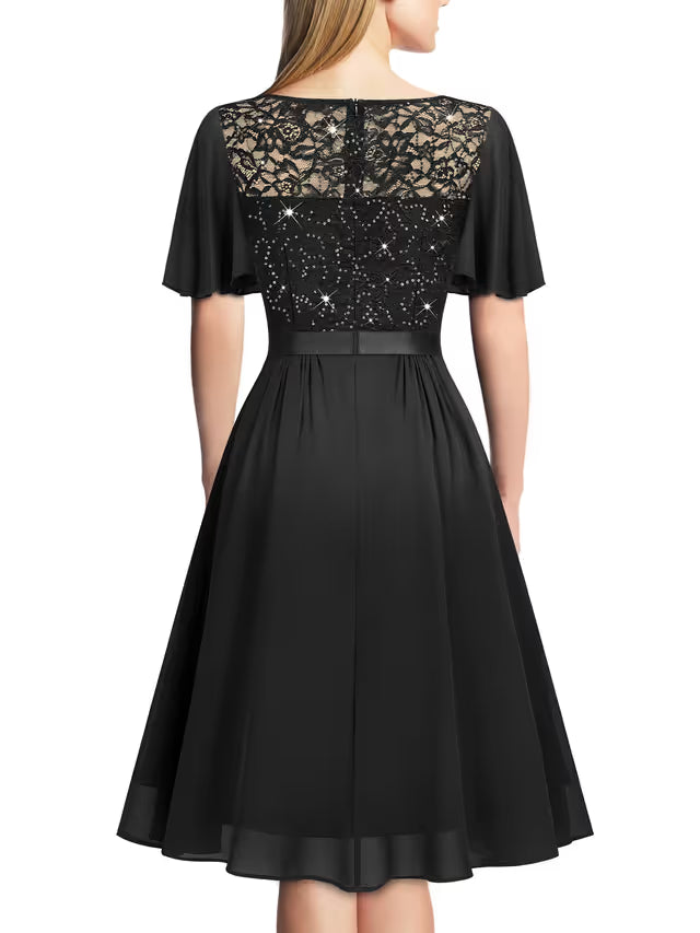 Miusol Cocktail Swing Dress Women's 2XL Black Short Sleeves Ruffle Lace Sequins