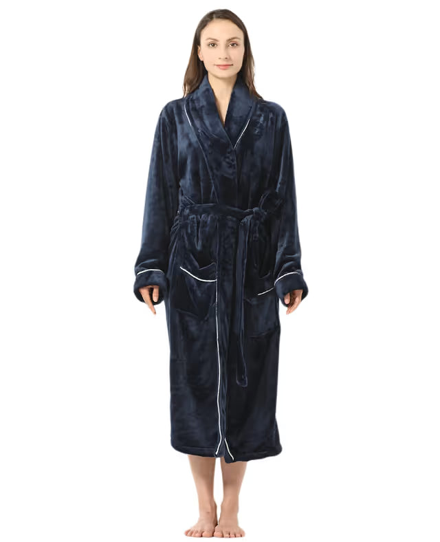 Women's Fleece Bathrobe Shawl Collar Soft Warm Spa Robe