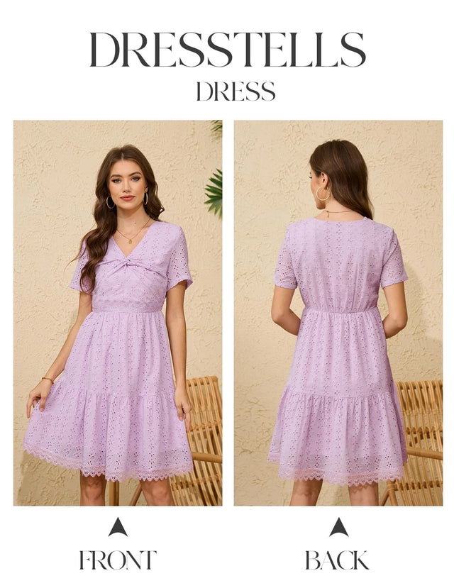 Summer Dress Women XL Lavender Eyelet Lace Short Sleeves Crossover Twist Front