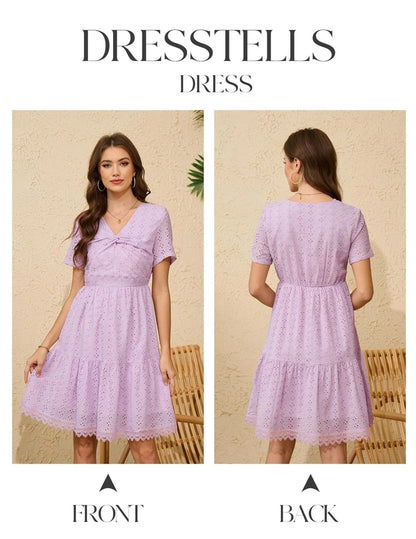 Summer Dress Women XL Lavender Eyelet Lace Short Sleeves Crossover Twist Front