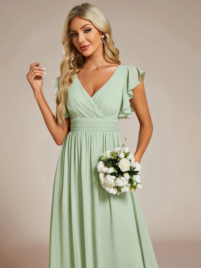 Elegant A-Line Chiffon Bridesmaid Dress Women's Size 14 Mint Green Ruffle Sleeve