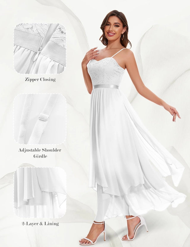 Maxi High-Low Dress Women's Medium White Floral Sweetheart Neck Spaghetti Strap