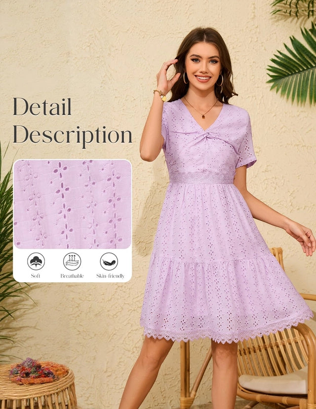 Summer Dress Women XL Lavender Eyelet Lace Short Sleeves Crossover Twist Front
