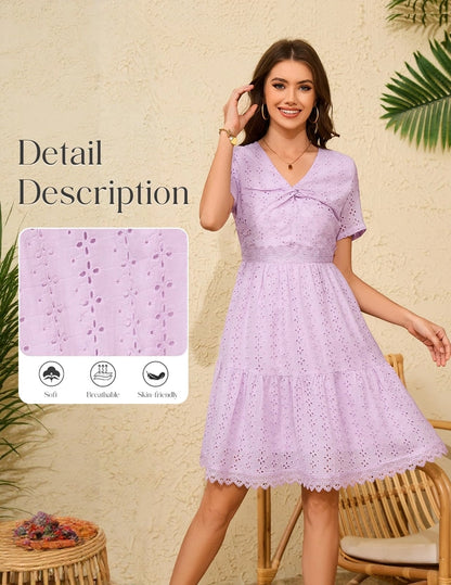 Summer Dress Women XL Lavender Eyelet Lace Short Sleeves Crossover Twist Front