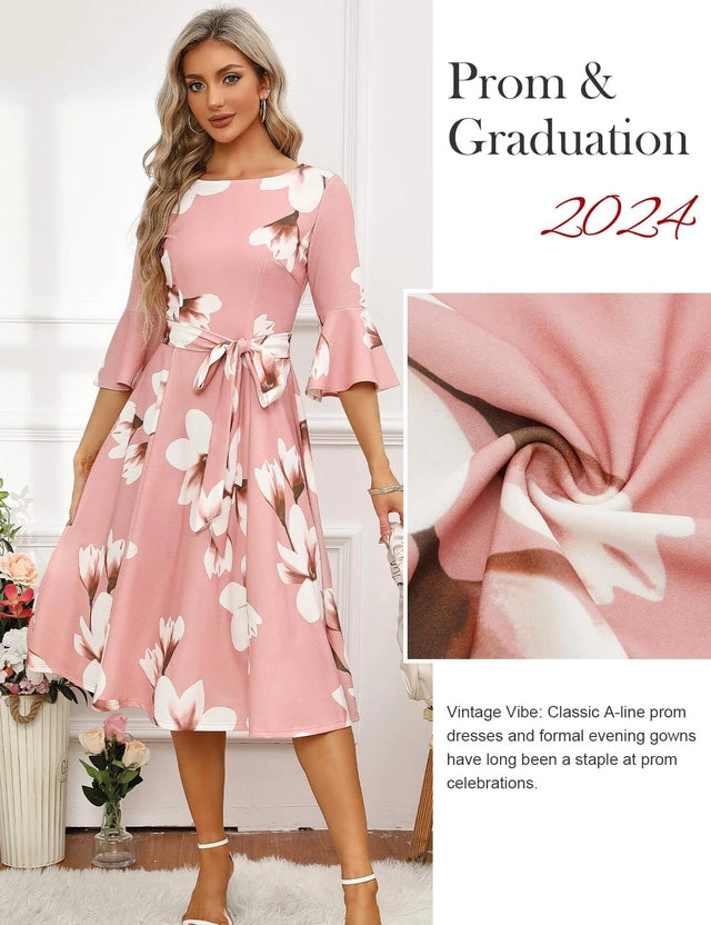 HomRain Cocktail Dress Women Size Large Pink Floral 1/2 Bell Sleeves High Waist