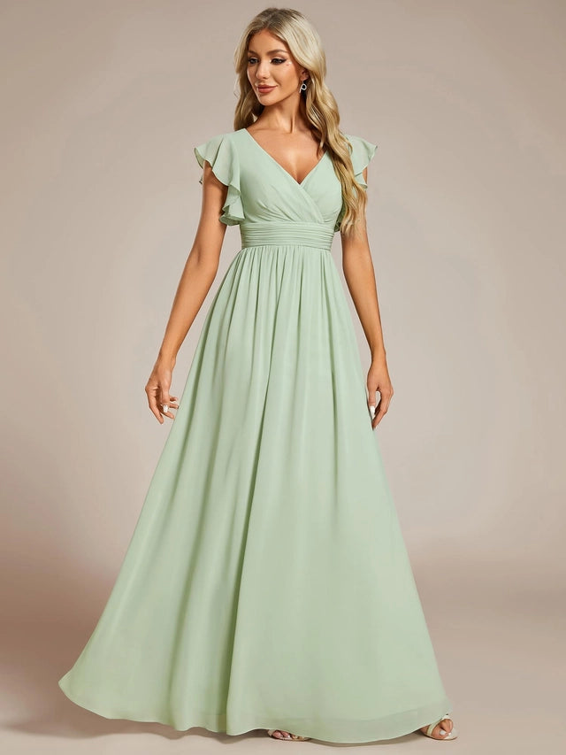 Elegant A-Line Chiffon Bridesmaid Dress Women's Size 14 Mint Green Ruffle Sleeve