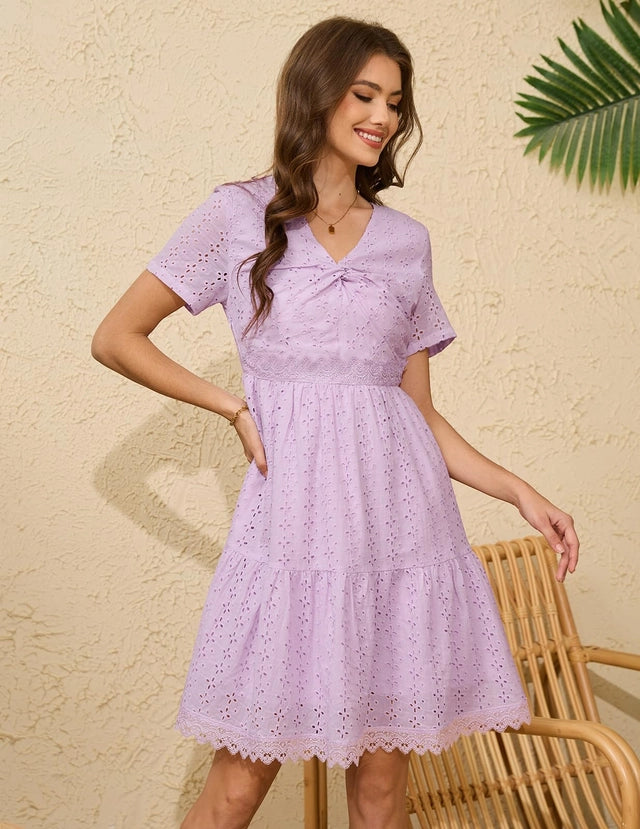 Summer Dress Women XL Lavender Eyelet Lace Short Sleeves Crossover Twist Front