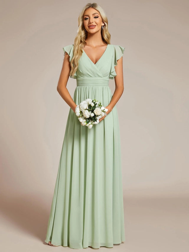 Elegant A-Line Chiffon Bridesmaid Dress Women's Size 14 Mint Green Ruffle Sleeve