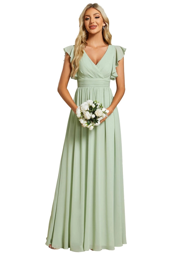 Elegant A-Line Chiffon Bridesmaid Dress Women's Size 14 Mint Green Ruffle Sleeve