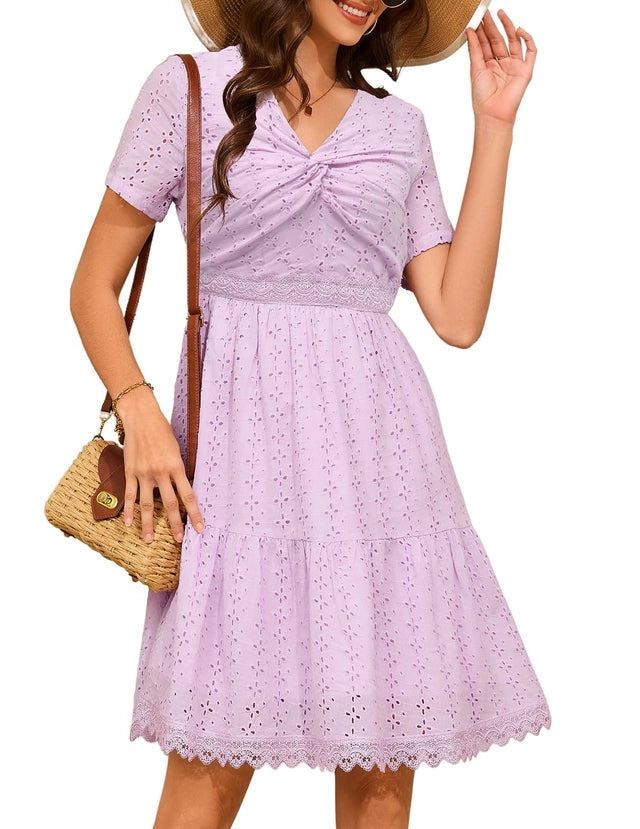 Summer Dress Women XL Lavender Eyelet Lace Short Sleeves Crossover Twist Front