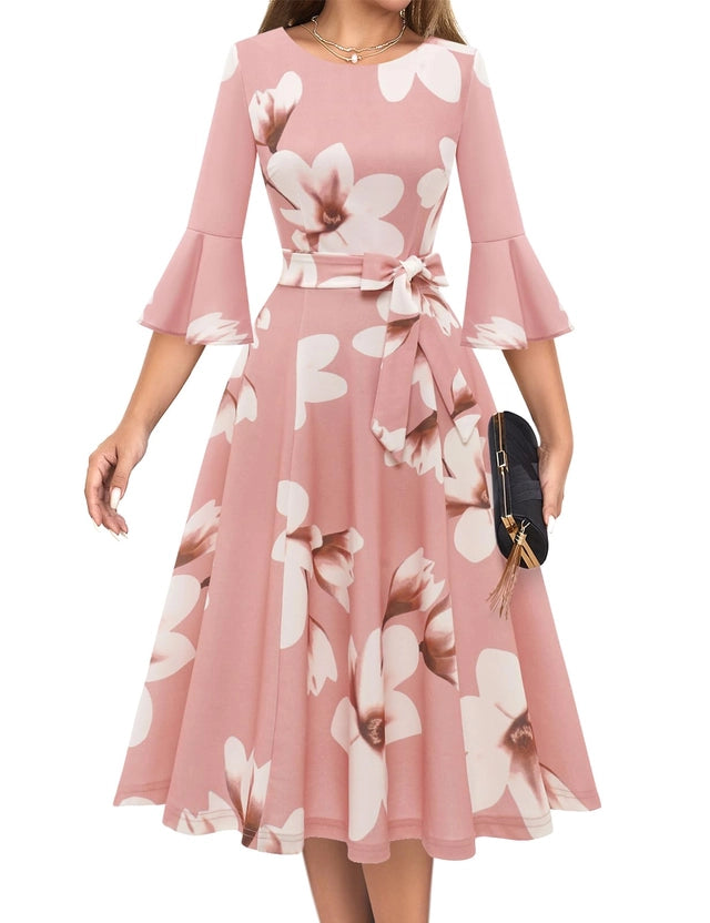 HomRain Cocktail Dress Women Size Large Pink Floral 1/2 Bell Sleeves High Waist