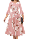 HomRain Cocktail Dress Women Size Large Pink Floral 1/2 Bell Sleeves High Waist