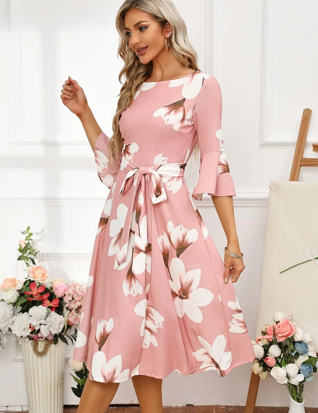 HomRain Cocktail Dress Women Size Large Pink Floral 1/2 Bell Sleeves High Waist