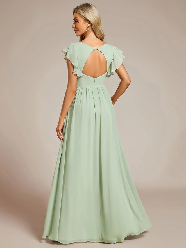 Elegant A-Line Chiffon Bridesmaid Dress Women's Size 14 Mint Green Ruffle Sleeve