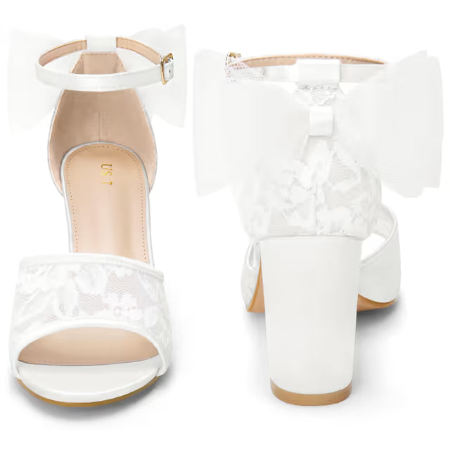 Women's Lace Open-Toe Bow Block Heel Sandals Party Wedding – As Shown