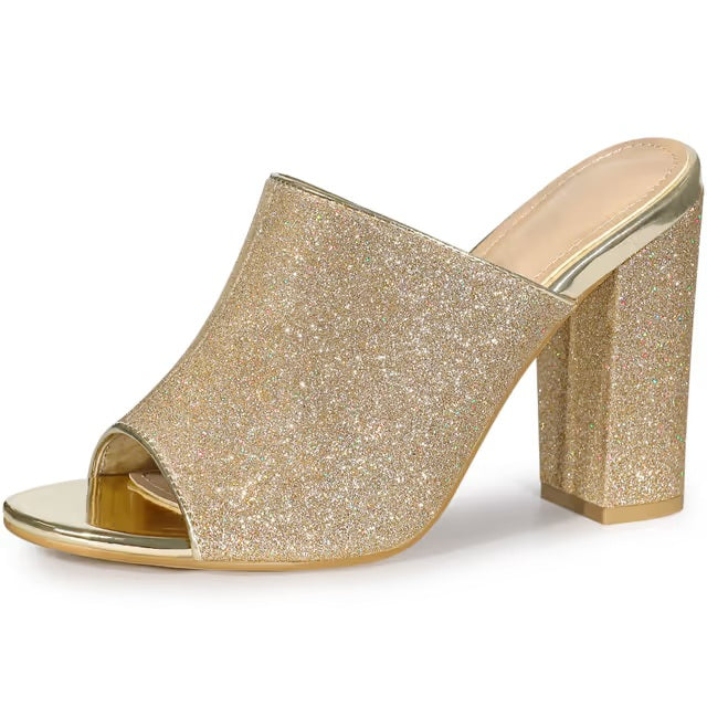 Perphy Women's Glitter Slip on Chunky Heels Mule Sandals Gold 6.5 UK/Label Size 8.5 US
