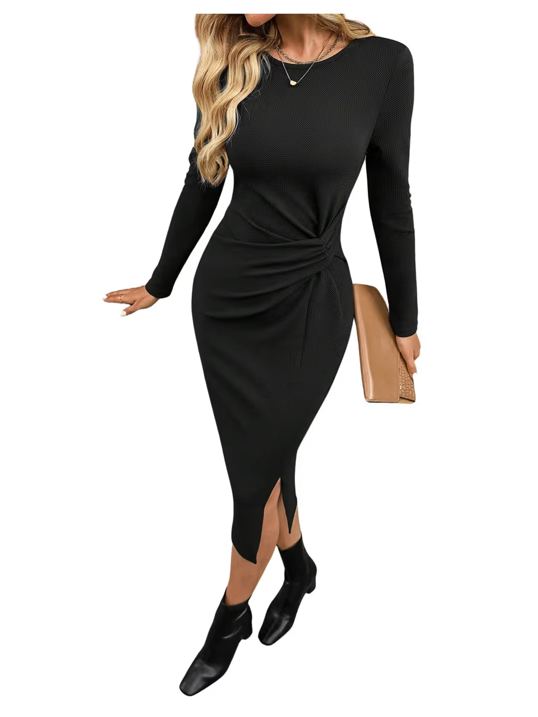 Gorglitter Bodycon Midi Dress Women's Size XL Black Long Sleeves Twist Front