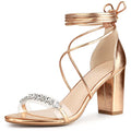 Crystal Rhinestone Lace-Up Open Toe Chunky Heel Sandals