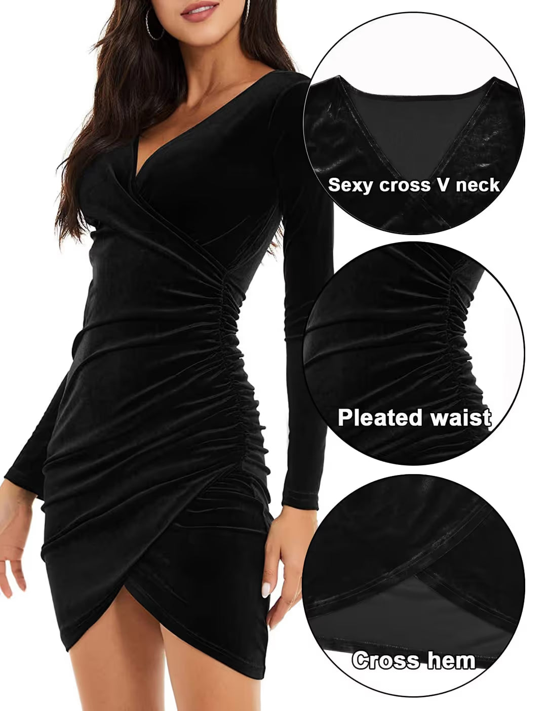 Velvet Wrap V Neck Ruched Mini Dress Women's Size Large Black Long Sleeve