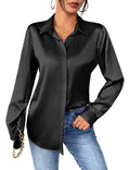 Zeagoo Womens Blouse Satin Shirt Elegant V Neck Long Sleeve Casual Ladies Office Outfit Black M
