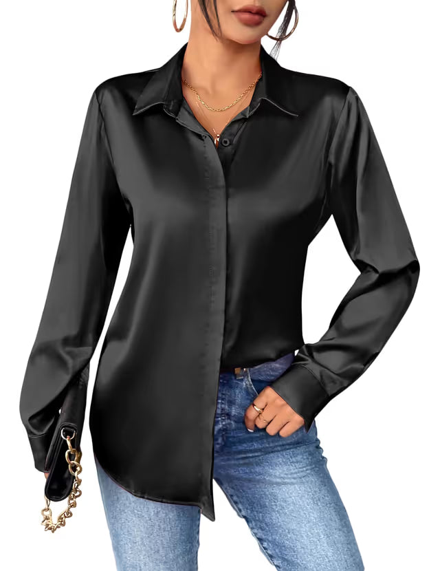 Zeagoo Womens Blouse Satin Shirt Elegant V Neck Long Sleeve Casual Ladies Office Outfit Black M