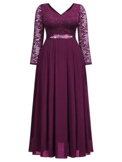 Plus Size Floral Lace Chiffon Maxi Dress Rhinestone Waist – Maroon 2XL